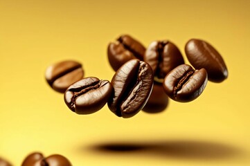 Coffee beans floating in the air on a bright yellow background close up