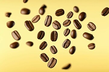 Coffee beans floating in the air on a bright yellow background close up
