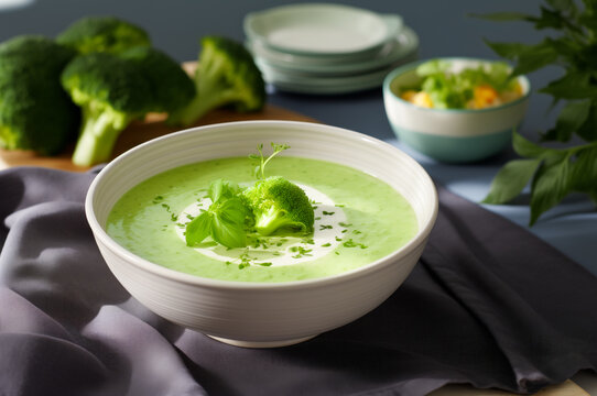 A bowl of green cream of broccoli soup garnished with cream and fresh herbs, served in a white bowl. Bright kitchen setting with fresh broccoli florets and bread croutons in the background.