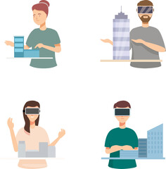 Fototapeta premium Set of illustrations depicting professionals using vr technology for architectural design
