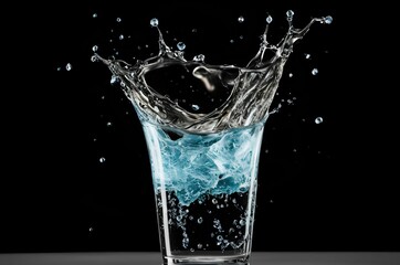 Water splash in glass. Splash out of wineglass on black background. Product shot of a splashing cocktail. Isolated background