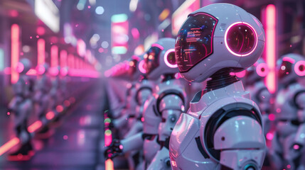 Fototapeta premium A group of humanoid robots stands in a row under bright neon lights, illustrating advanced technology in a futuristic urban environment.