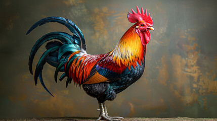 Fototapeta premium Colorful rooster with iridescent feathers posing.