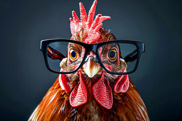 Chicken wearing glasses, funny face.