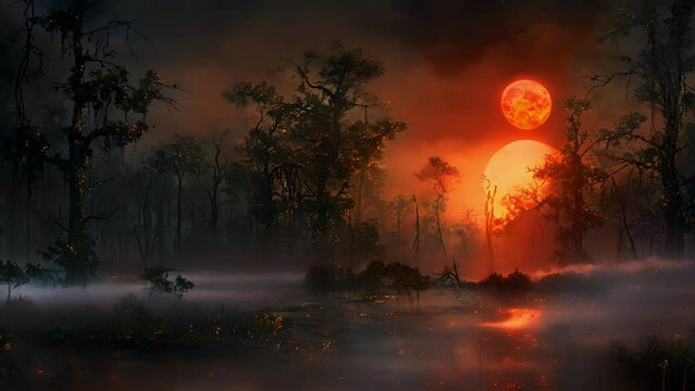 As the sun sets and the night falls the mystical fog envelopes the swamp creating an eerie atmosphere filled with soft whispers.