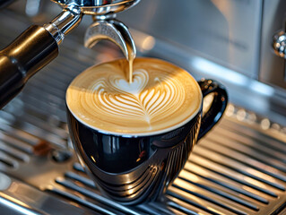 Barista pours latte art into black mug.