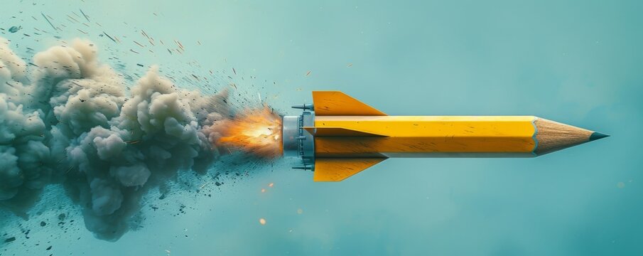 Pencil rocket launching with smoke and fire, creative concept