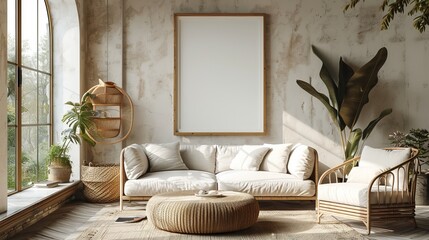 Home interior background, living room in beige tones, 3D model of a poster frame