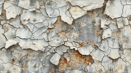 Cracked and peeling paint on weathered concrete wall captured in high resolution for background and design purposes Close up shot showcasing the rough texture and intricate patterns of deter
