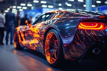 A sports car with flames painted on it at the auto show
