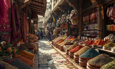 A vibrant Indian market with spices and textiles. Realistic.