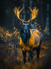 Blue and yellow deer elk in the woods