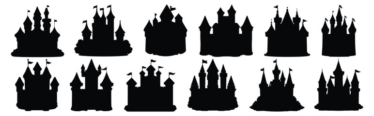 Fairy Castle silhouettes set, pack of vector silhouette design, isolated background
