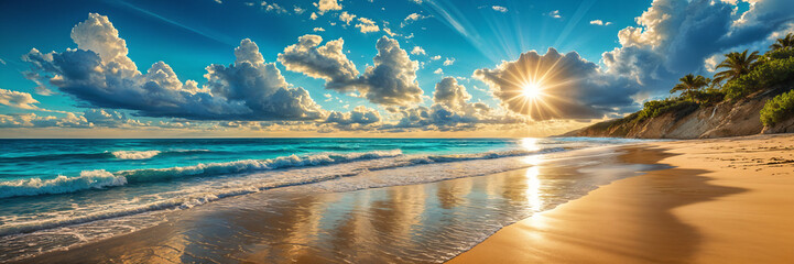 A serene beach scene at sunset, with the sun shining brightly over the ocean and casting a warm glow on the sandy shore.