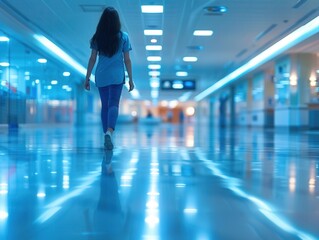 Modern Medical Care in Calm Blue Tones: Hospital Staff Attending to Patient with Blurred Background Bokeh