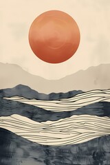 Modern sun and mountain abstract geometric neutral  color, minimal boho textured wall art, wallpaper, background