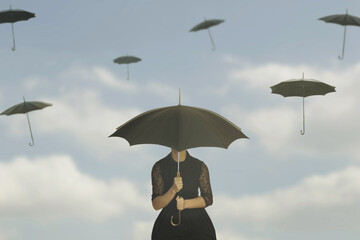 surreal woman hidden by an umbrella with a sky full of flying umbrellas, surreal concept