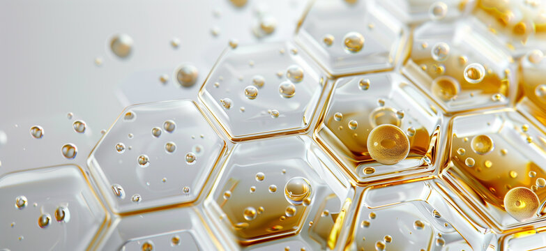 Golden oil serum bubbles in honeycomb hexagonal surface structure. Cosmetic golden background with abstract pattern, for cosmetic or skincare product design - Powered by Adobe