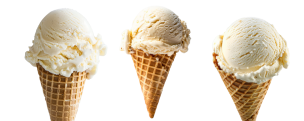 Three delicious vanilla ice cream cones in crispy waffle cones isolated on transparent background, perfect for summer or dessert themes.