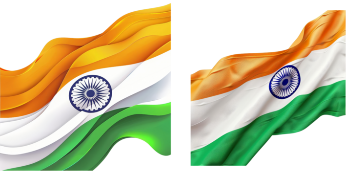 set of Waving Indian flags with vibrant saffron, white and green colors, featuring Ashoka Chakra in the center representing India's pride and heritage , isolated on transparent background.