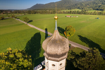Aerial view of the Steeple of famous St. Coloman church near Fussen, Germany