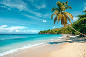 Tropical beach with clear water and green hills