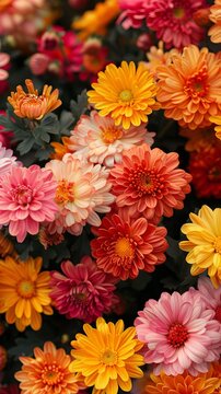 Benjamas flowers in the garden with beautiful chrysanthemums mums and chrysanths with a copy space image