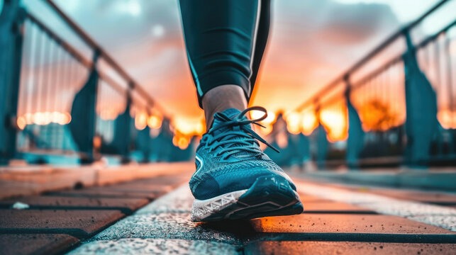 A close-up shot of a runners foot stepping on pavement with the setting sun in the background