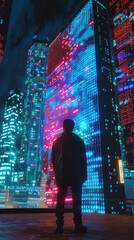 Advertising banner of A Caucasian man interacting with a holographic HUD display for data analysis. --chaos 15 --ar 9:16 Job ID: 5f6ddf83-8b52-4954-90bd-98d6c1abec1a