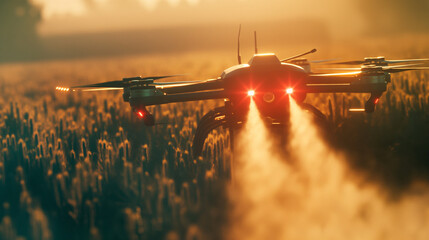 A drone with red led lights flies close to the golden wheat, suggesting precision agriculture at sunset