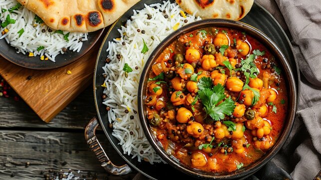 Chole or Choley Curry with Naan and rice. Generative Ai