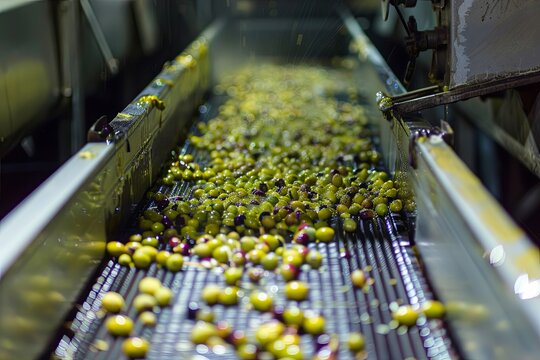 Ripe olives are seen moving along a conveyor belt in a processing plant. Generative AI - Powered by Adobe