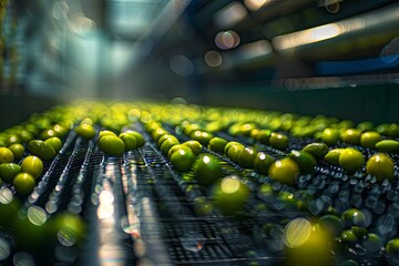 Close-up view of green olives being transported on a conveyor belt in a food processing facility. Generative AI