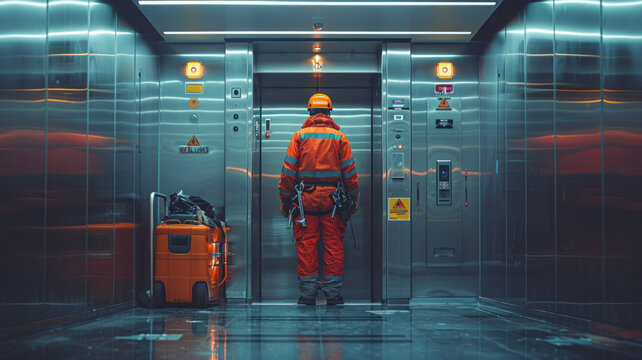 technician repairing an elevator in a sleek, modern office building, tools neatly arranged in a toolbox beside him,generative ai
