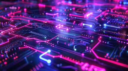 Obraz premium A digital illustration of a circuit board with illuminated pink and blue lines and dots