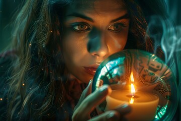 Naklejka premium A woman peers intently into a crystal ball, illuminated by the soft glow of a candle. Generative AI
