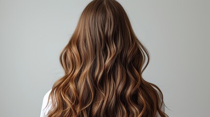Fototapeta premium Woman's back with long wavy brown hair against a grey background. Beauty and haircare concept