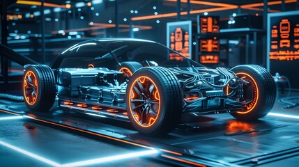 Obraz premium Electric Sports Car Concept with Futuristic Chassis and High-Performance Battery Packs for Future EV Production and Showcase