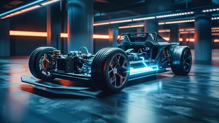 futuristic electric sport fast car chassis and battery packs with high performance or future EV fatory production and prototype showcase concepts