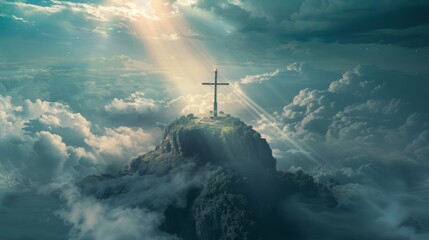 A holy cross symbolizes the death and resurrection of Jesus Christ with a cloudy sky over Golgotha Hill