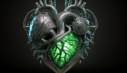 A biomechanical heart with sinewy metal tendrils and organic tissue fused together, pulsating with life.