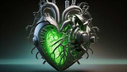 Obraz premium A biomechanical heart with sinewy metal tendrils and organic tissue fused together, pulsating with life.
