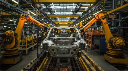 Fototapeta premium A modern factory features an automated car manufacturing assembly line with robotic arms, demonstrating cuttingedge technology in the automotive industry and industrial automation