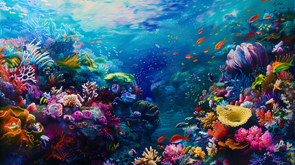 Naklejka premium Vibrant Coral Reef Teeming with Marine Life