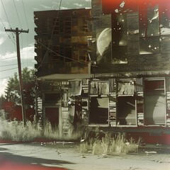 Realistic outdoor color photograph of the fa�ade of an abandoned small commercial building, double exposure. From the series �Art Film - Color.�