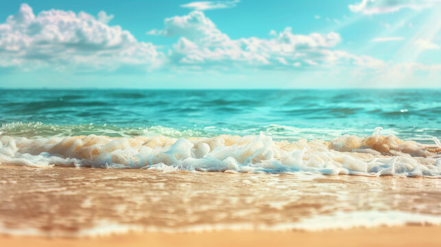 a tropical beach, golden sands shimmering under bright sunlight, turquoise waves rolling in