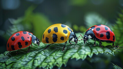 3d rendered three ladybugs on a wet green leaf made with generative AI
