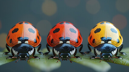 3d rendered three ladybugs on a wet green leaf made with generative AI
