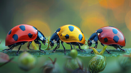 3d rendered three ladybugs on a wet green leaf made with generative AI