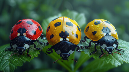 3d rendered three ladybugs on a wet green leaf made with generative AI